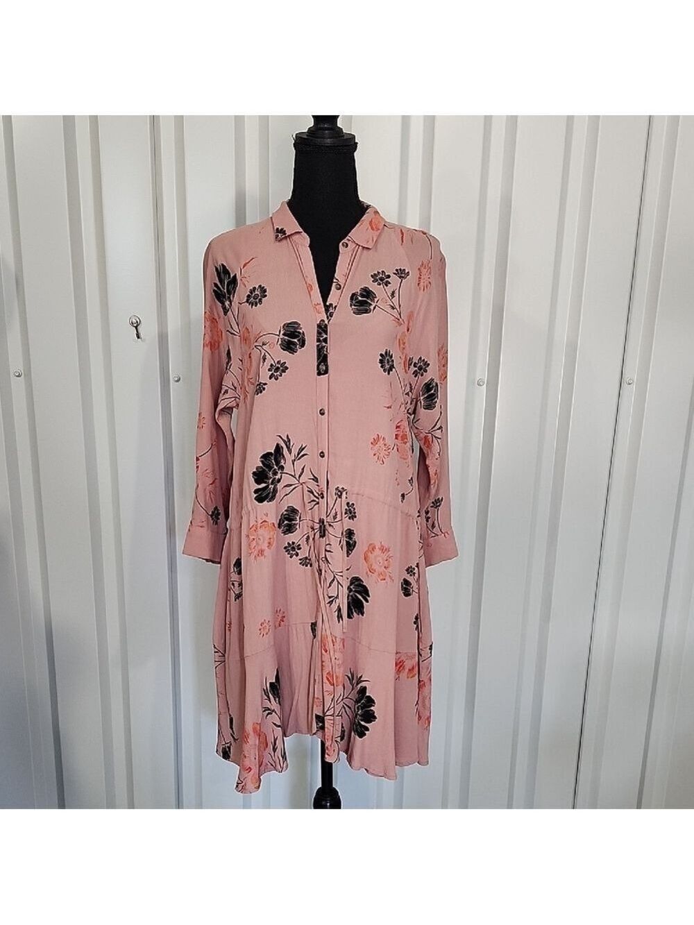 Free People Womens Lena Pink Black Floral Long Sleeve Mini Shirt Dress Size XS